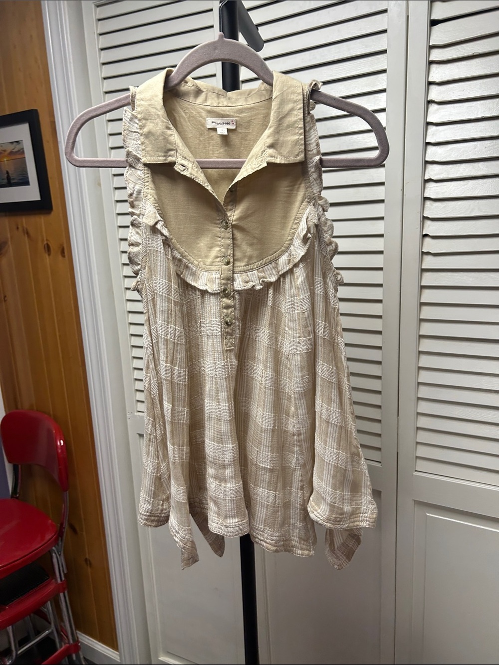 NWOT Pilcro Blue and White and khaki and whitePlaid Ruffle Blouse - Picture 8 of 10